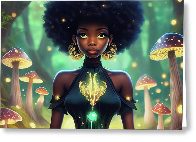Black Queen In A Mushroom Forest - Greeting Card