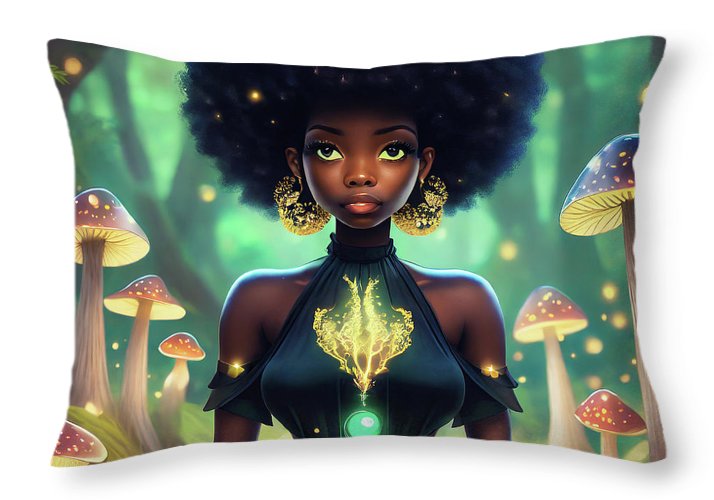 Black Queen In A Mushroom Forest - Throw Pillow