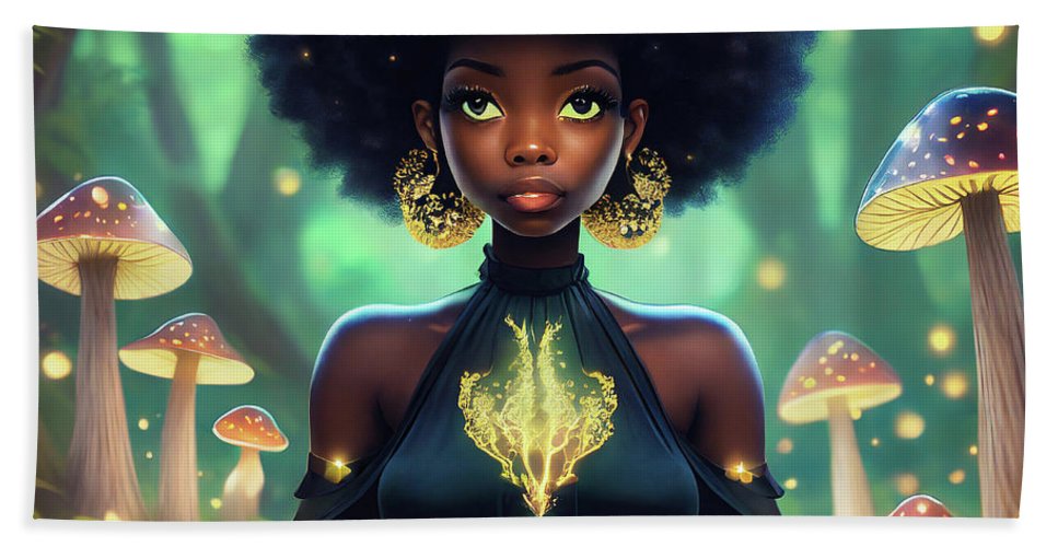 Black Queen In A Mushroom Forest - Beach Towel