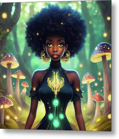 Black Queen In A Mushroom Forest - Metal Print