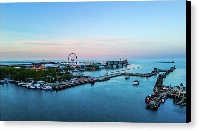 aerial drone image of Navy Pier during sunset - Canvas Print