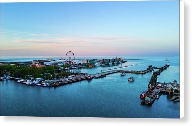 aerial drone image of Navy Pier during sunset - Canvas Print