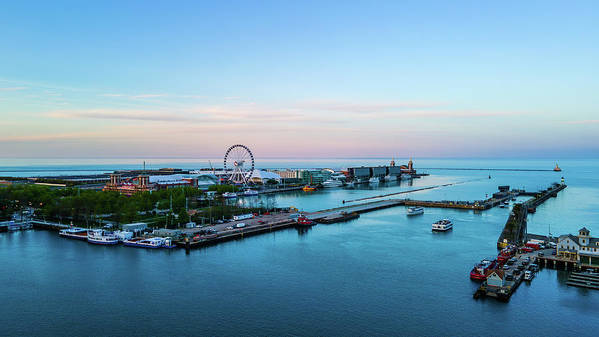 aerial drone image of Navy Pier during sunset - Art Print
