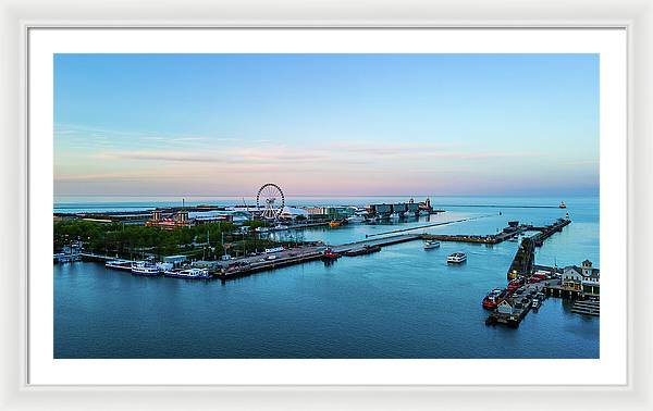 aerial drone image of Navy Pier during sunset - Framed Print
