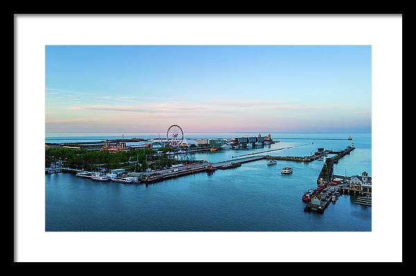 aerial drone image of Navy Pier during sunset - Framed Print
