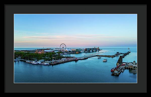 aerial drone image of Navy Pier during sunset - Framed Print