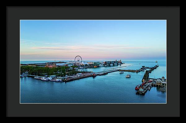 aerial drone image of Navy Pier during sunset - Framed Print