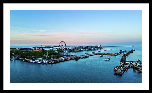 aerial drone image of Navy Pier during sunset - Framed Print