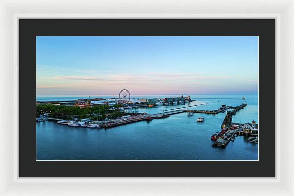 aerial drone image of Navy Pier during sunset - Framed Print
