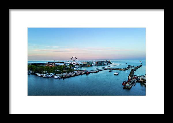 aerial drone image of Navy Pier during sunset - Framed Print
