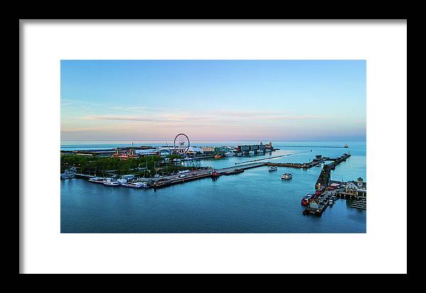 aerial drone image of Navy Pier during sunset - Framed Print