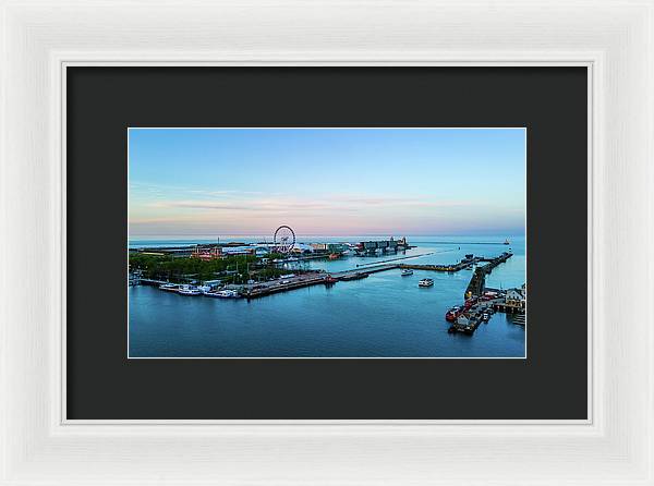 aerial drone image of Navy Pier during sunset - Framed Print