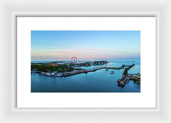 aerial drone image of Navy Pier during sunset - Framed Print