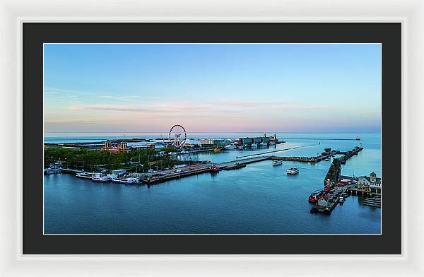 aerial drone image of Navy Pier during sunset - Framed Print