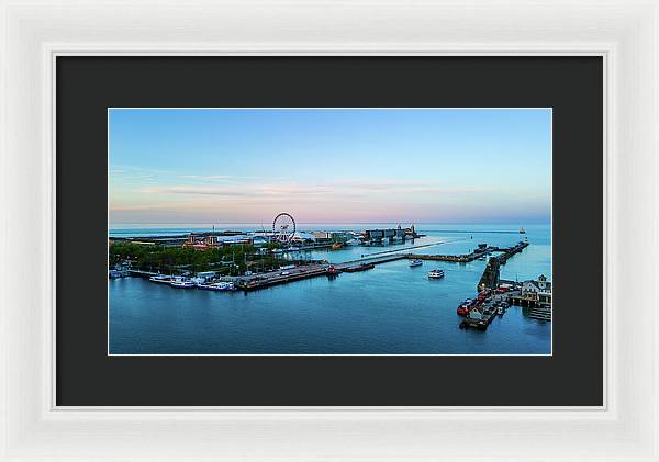 aerial drone image of Navy Pier during sunset - Framed Print