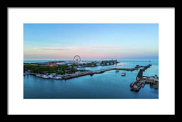 aerial drone image of Navy Pier during sunset - Framed Print