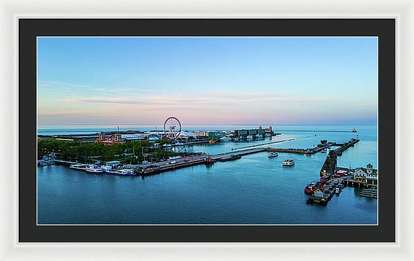 aerial drone image of Navy Pier during sunset - Framed Print