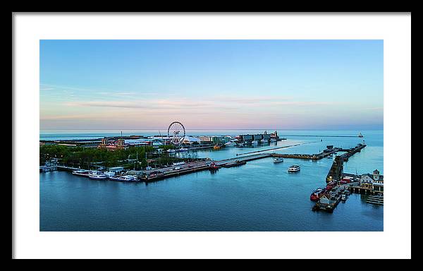 aerial drone image of Navy Pier during sunset - Framed Print
