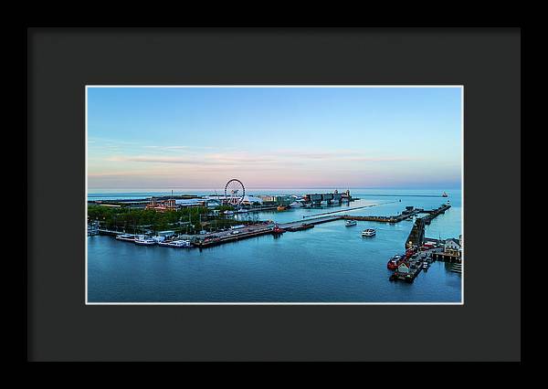 aerial drone image of Navy Pier during sunset - Framed Print