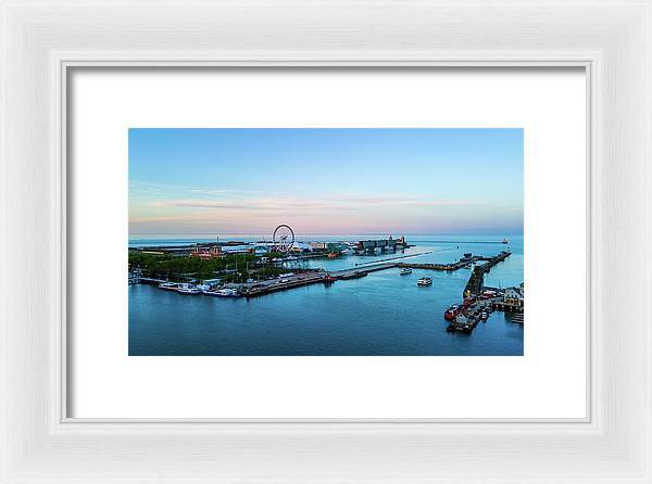 aerial drone image of Navy Pier during sunset - Framed Print