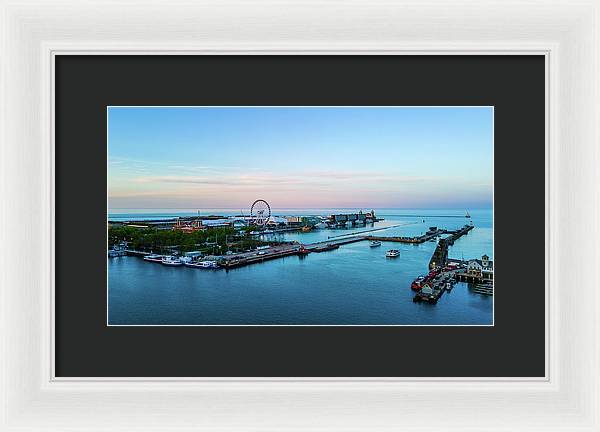 aerial drone image of Navy Pier during sunset - Framed Print