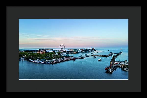 aerial drone image of Navy Pier during sunset - Framed Print