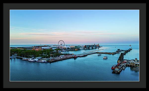 aerial drone image of Navy Pier during sunset - Framed Print