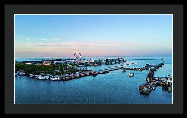 aerial drone image of Navy Pier during sunset - Framed Print