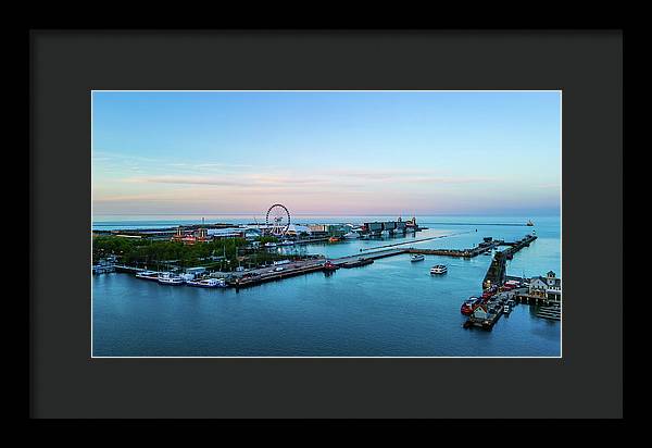 aerial drone image of Navy Pier during sunset - Framed Print