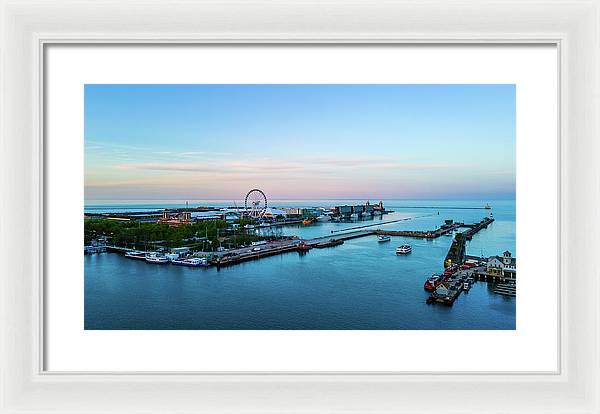 aerial drone image of Navy Pier during sunset - Framed Print