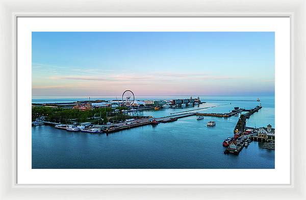 aerial drone image of Navy Pier during sunset - Framed Print