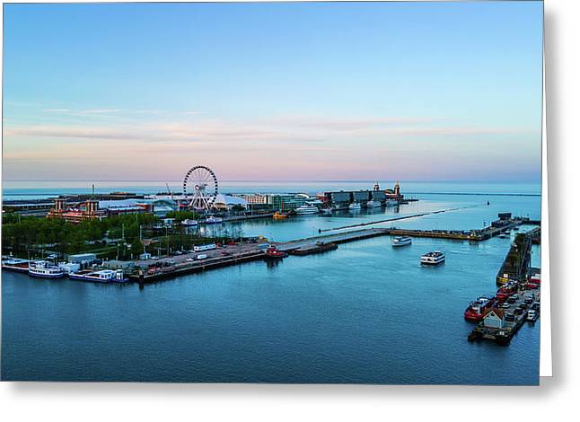 aerial drone image of Navy Pier during sunset - Greeting Card