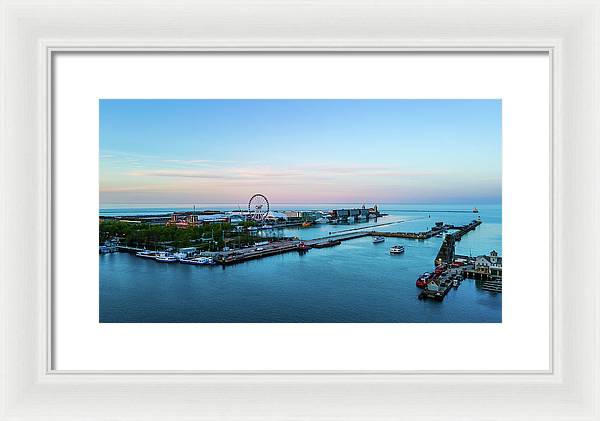 aerial drone image of Navy Pier during sunset - Framed Print