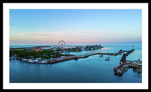 aerial drone image of Navy Pier during sunset - Framed Print