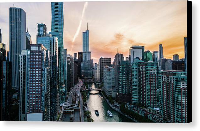 Aerial drone of downtown chicago over the riverwalk - Canvas Print