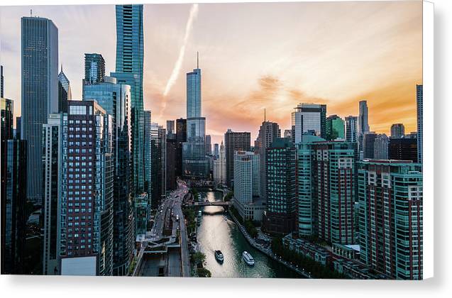 Aerial drone of downtown chicago over the riverwalk - Canvas Print