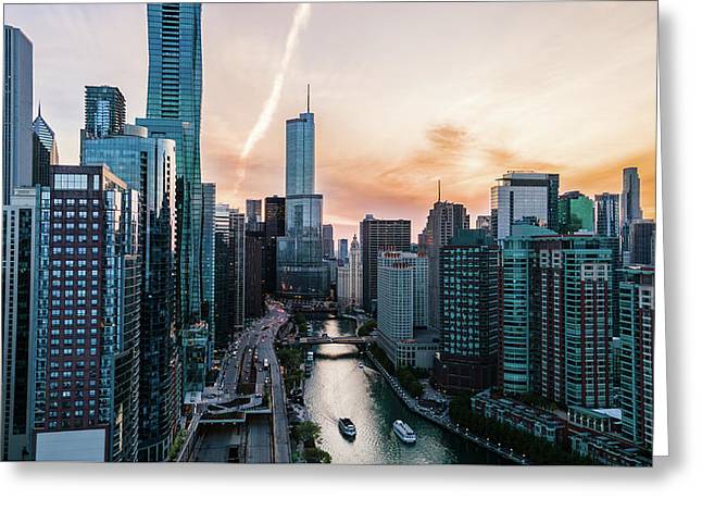 Aerial drone of downtown chicago over the riverwalk - Greeting Card