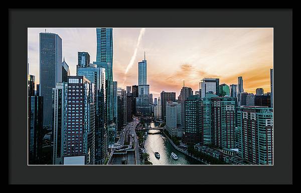 Aerial drone of downtown chicago over the riverwalk - Framed Print