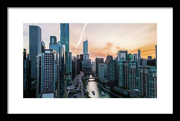 Aerial drone of downtown chicago over the riverwalk - Framed Print