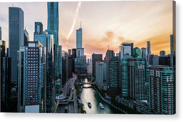 Aerial drone of downtown chicago over the riverwalk - Acrylic Print