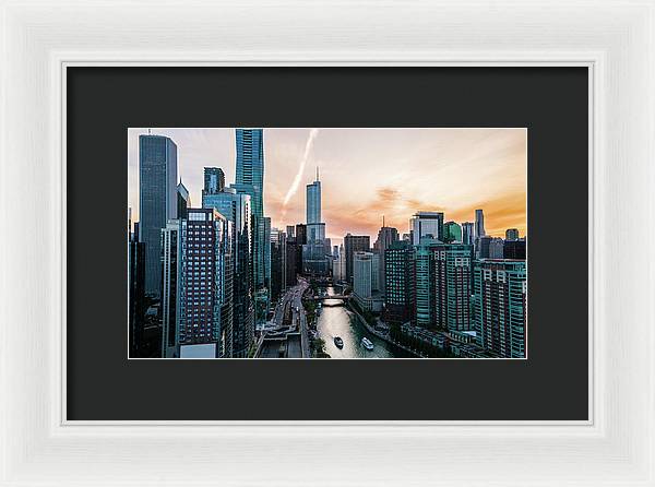 Aerial drone of downtown chicago over the riverwalk - Framed Print