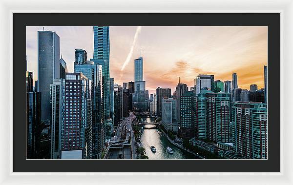 Aerial drone of downtown chicago over the riverwalk - Framed Print