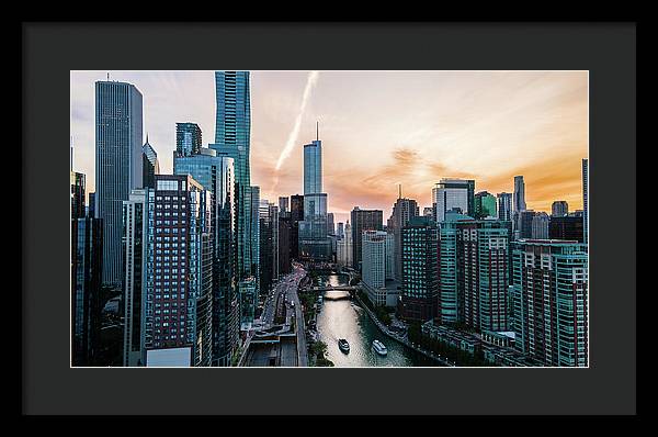 Aerial drone of downtown chicago over the riverwalk - Framed Print