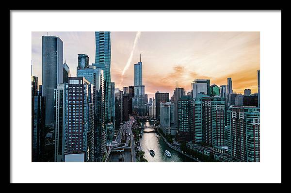 Aerial drone of downtown chicago over the riverwalk - Framed Print