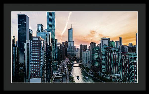 Aerial drone of downtown chicago over the riverwalk - Framed Print