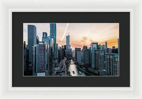 Aerial drone of downtown chicago over the riverwalk - Framed Print