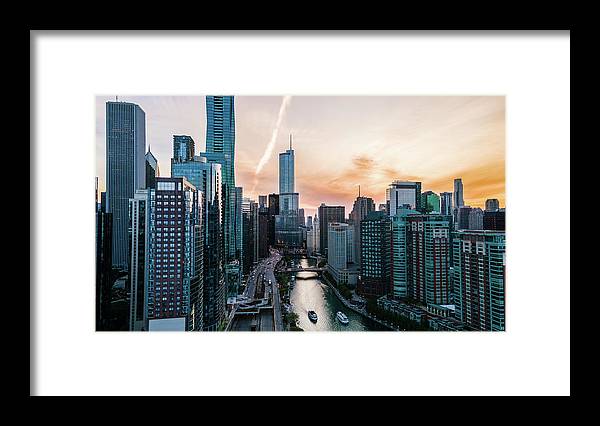 Aerial drone of downtown chicago over the riverwalk - Framed Print