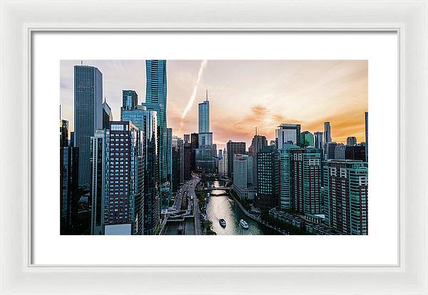 Aerial drone of downtown chicago over the riverwalk - Framed Print
