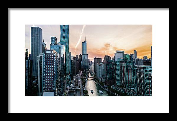 Aerial drone of downtown chicago over the riverwalk - Framed Print