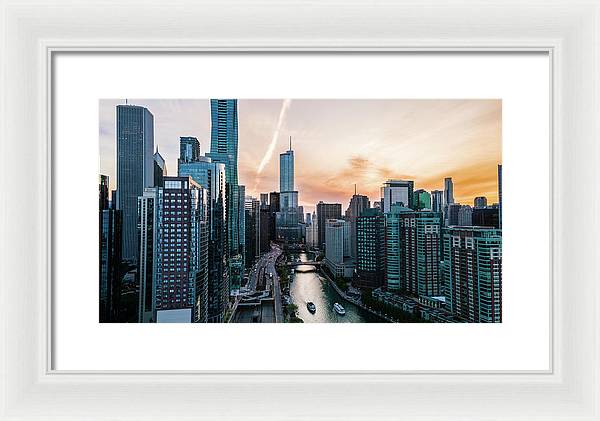 Aerial drone of downtown chicago over the riverwalk - Framed Print